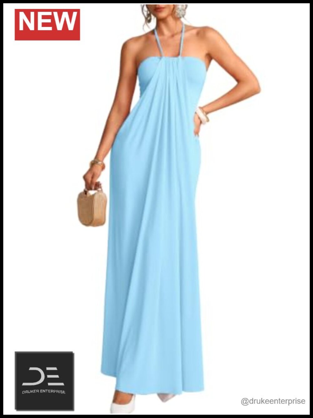 Self-Tie Halter Ruched Draped Maxi Dress Slim Fit Sleeveless